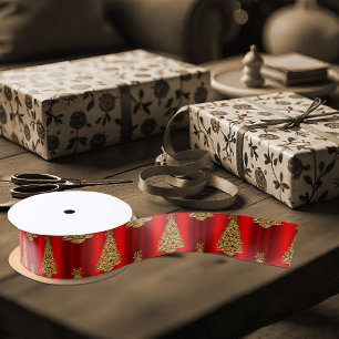 Golden Christmas Trees on Red Satinband