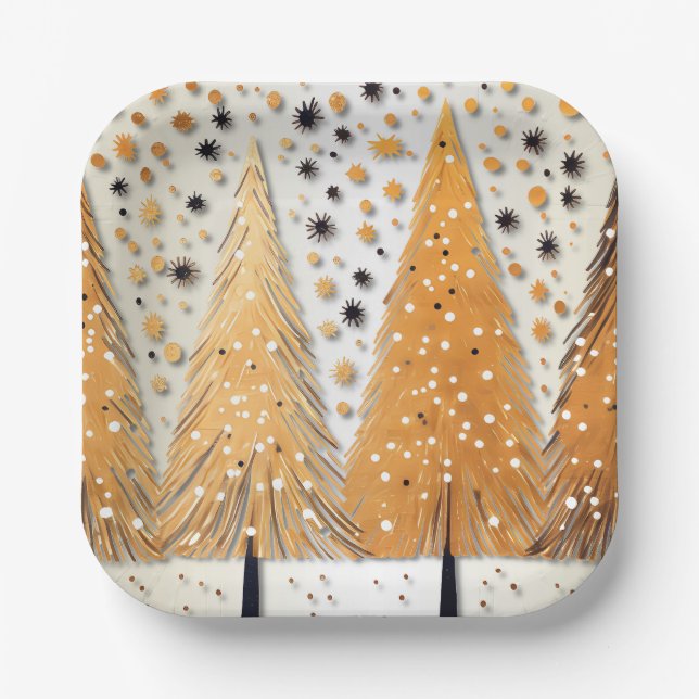 Golden Christmas Trees Shiny Snowflakes Holidays Pappteller (Vorderseite)