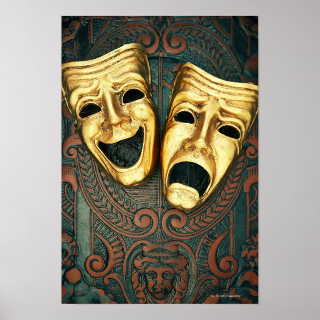 Golden comedy and tragedy masks on patterned poster (Vorne)