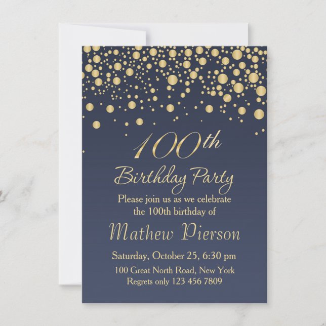 Golden confetti 100th Birthday Party Invitation (Devant)