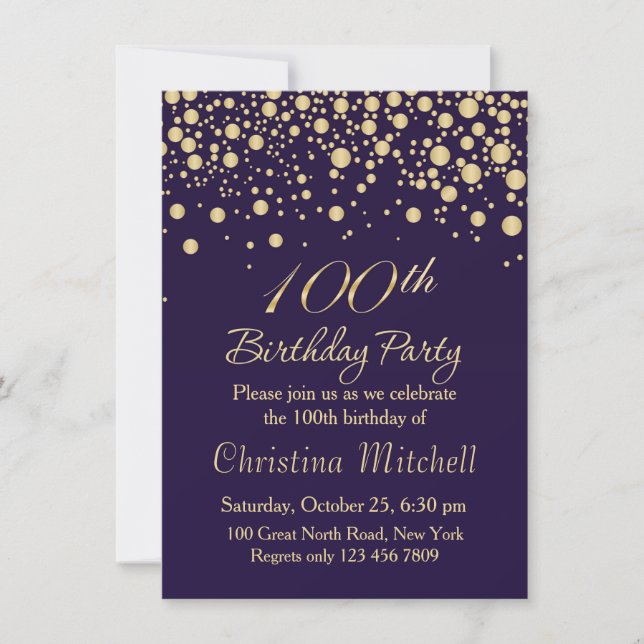 Golden confetti 100th Birthday Party Invitation (Devant)