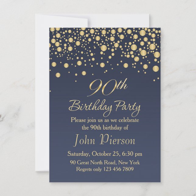 Golden confetti 90th Birthday Party Invitation (Devant)
