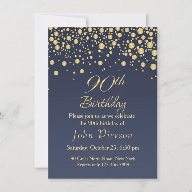 Golden confetti 90th Birthday Party Invitation (Devant)