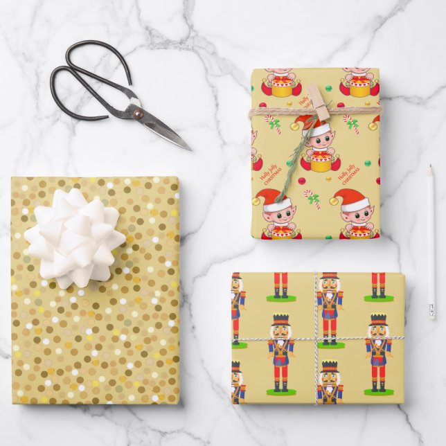 Golden Confetti, Weihnachtself, Nutcracker Geschenkpapier Set (Vorderseite)