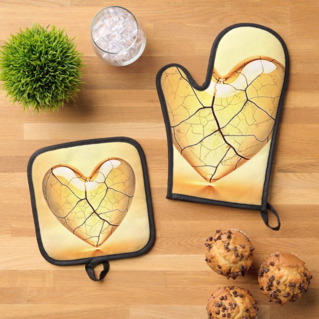 Golden Cracked Heart Art Ofenhandschuh & Topflappen-Set (Oben Unten)