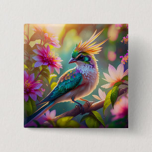 Golden Creaded Green Headed Finch Fantasy Bird Button