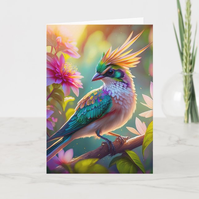 Golden Creaded Green Headed Finch Fantasy Bird Karte (Vorderseite)