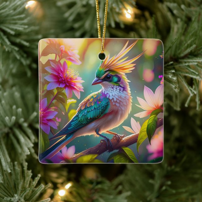 Golden Creaded Green Headed Finch Fantasy Bird Keramikornament (Baum)