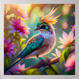 Golden Creaded Green Headed Finch Fantasy Bird Poster