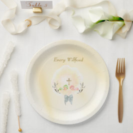  Golden Cross floral baptism paper plates  Pappteller