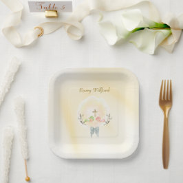  Golden Cross floral baptism paper plates  Pappteller