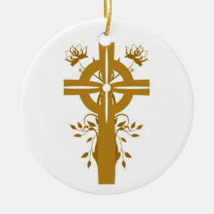 Golden Cross floral Doppelseitiges Rundornament Keramikornament
