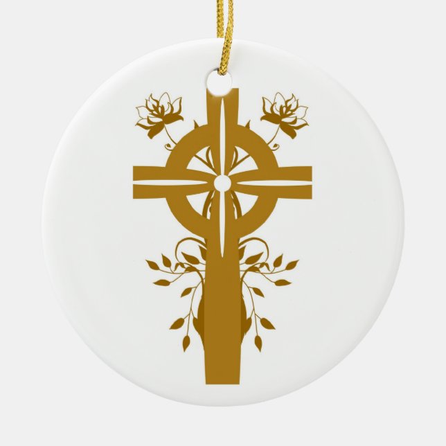 Golden Cross floral Doppelseitiges Rundornament Keramikornament (Vorne)