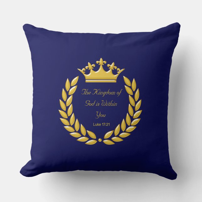Golden Crown & Bible Verse über Navy Blue Kissen (Vorderseite)