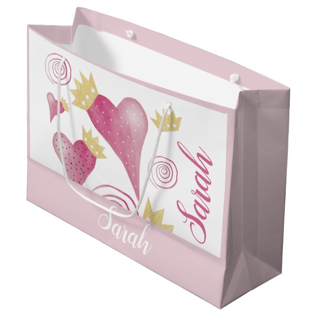 Golden Crown Heart Blush Mit Monogramm Große Geschenktüte (Vorderseite Schrägansicht)