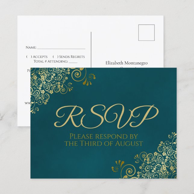 Golden Curls & Swirls on Teal Wedding RSVP Postkarte (Vorne/Hinten)