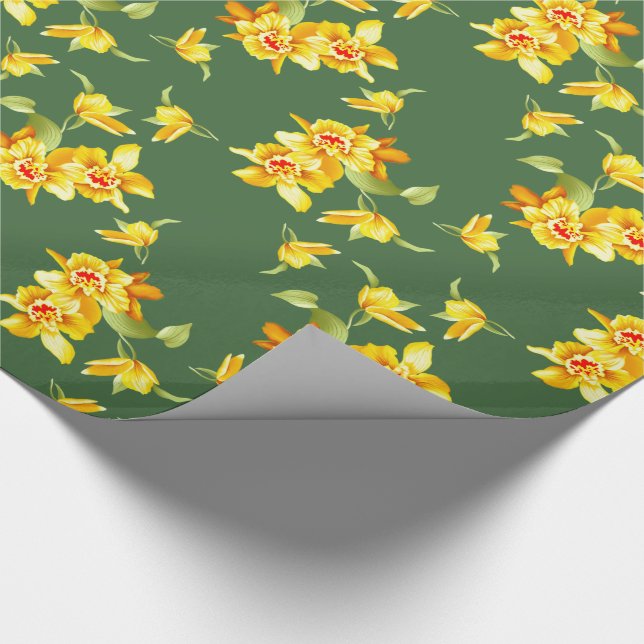 Golden Daffodien auf Grün Geschenkpapier (Ecke)
