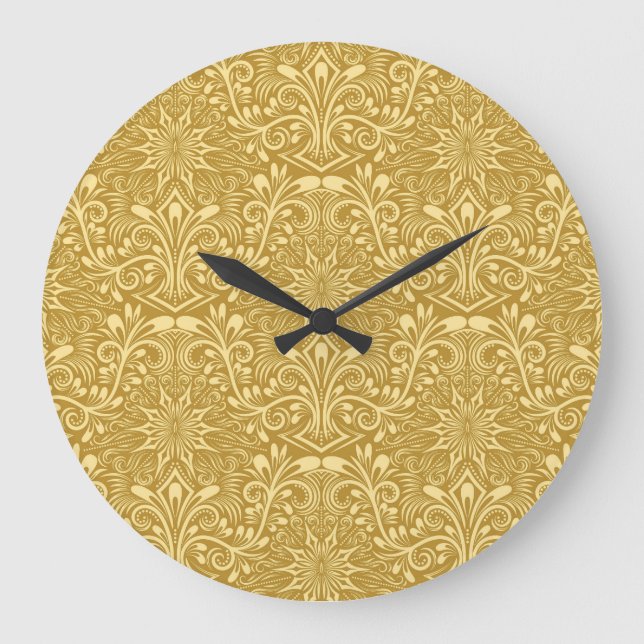 Golden Damask Barockfarbenes Muster Große Wanduhr (Vorderseite)