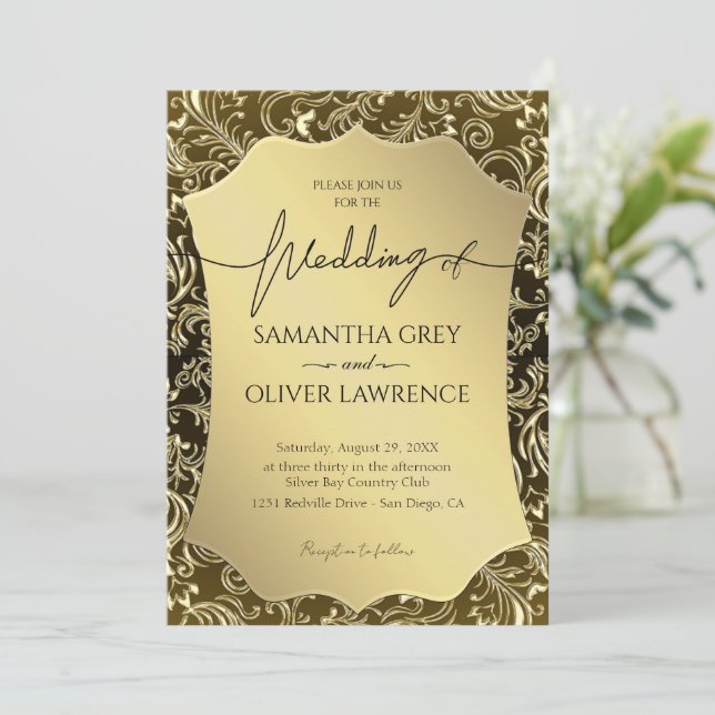 Golden Damask Elegance Faire-part de mariage (Debout devant)