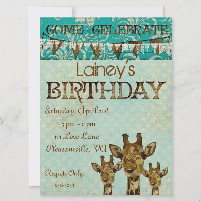 Golden Damask Giraffes Blauer Geburtstag Einladung (Vorderseite)