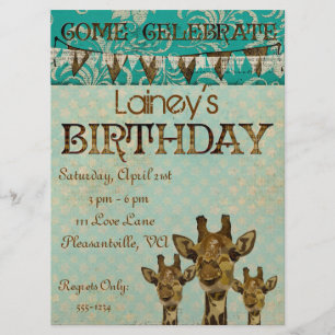 Golden Damask Giraffes Blauer Geburtstag Einladung