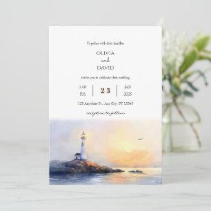 Golden Dawn Lighthouse Wassercolor Beach Hochzeit Einladung