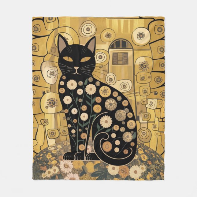 Golden Decorative Gustav Klimt Style Schwarze Katz Fleecedecke (Vorderseite)