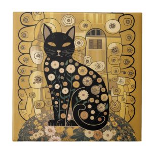 Golden Decorative Gustav Klimt Style Schwarze Katz Fliese