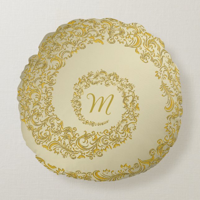 Golden Decorative Monogram Rundes Kissen (Vorderseite)