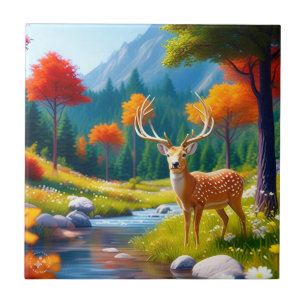 Golden Deer Stehend im Wald-987679 Fliese