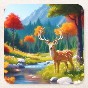Golden Deer Stehend im Wald-987679 Rechteckiger Pappuntersetzer
