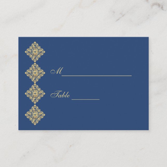 Golden Diamond Damask Blauer Tischplatzierung Platzkarte (Vorderseite)