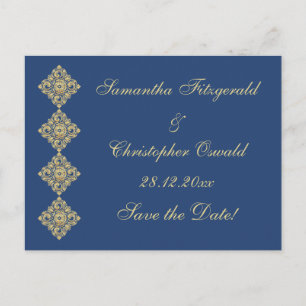 Golden Diamond Damask Blue Save the Date Ankündigungspostkarte