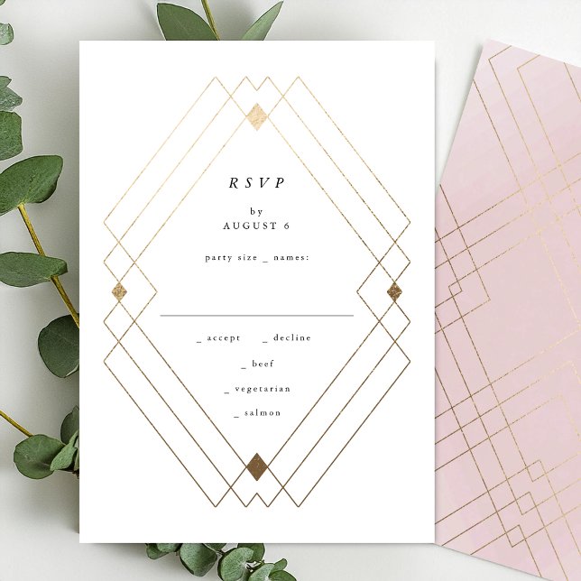 Golden Diamond Pink Geometric Deko Gatsby Wedding RSVP Karte (Von Creator hochgeladen)