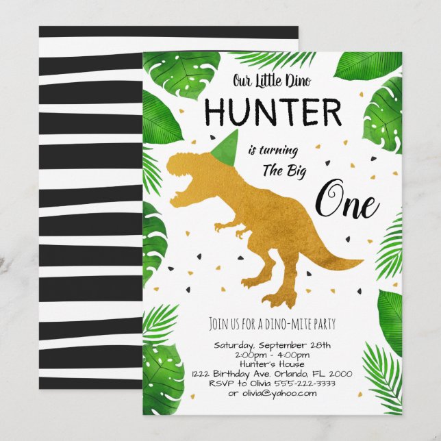 Golden Dinosaurier Geburtstag einladen Einladung (Vorne/Hinten)