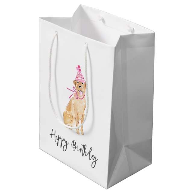 Golden Dog Birthday Hut Balloons Kuchen Pet Spaß Mittlere Geschenktüte (Rückseite Schrägansicht)