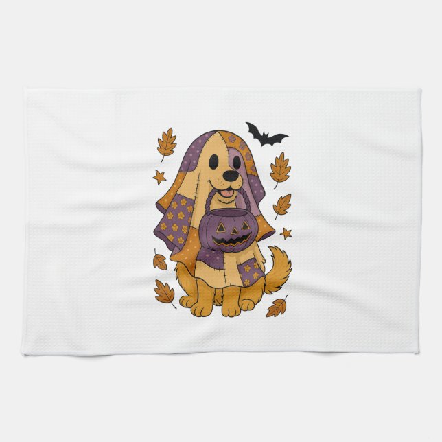 Golden Dog Ghost Halloween Geschirrtuch (Horizontal)