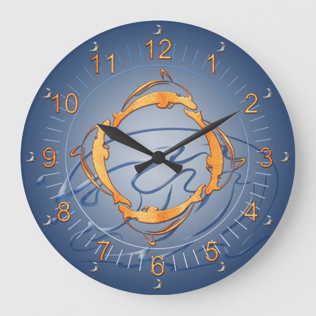 Golden Dolphins Ring Shades of Blue Große Wanduhr (Vorderseite)