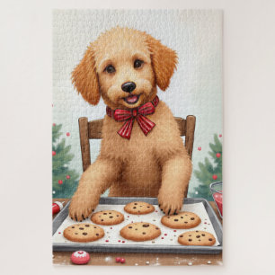 Golden Doodle beim Dekorieren von Weihnachtsplätzc