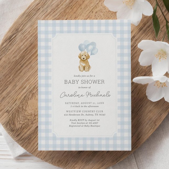 Golden Doodle Blue Gingham Baby Dusche Einladung (Von Creator hochgeladen)
