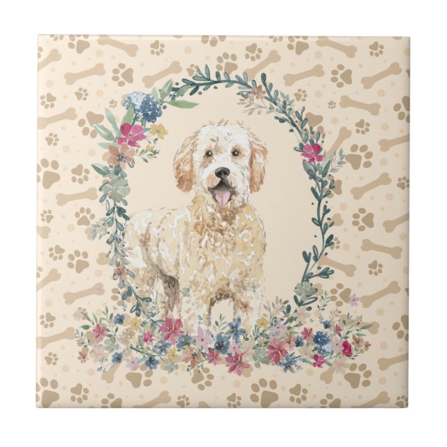Golden Doodle Dog Paw Print Floral Niedlich Beige Fliese (Vorderseite)