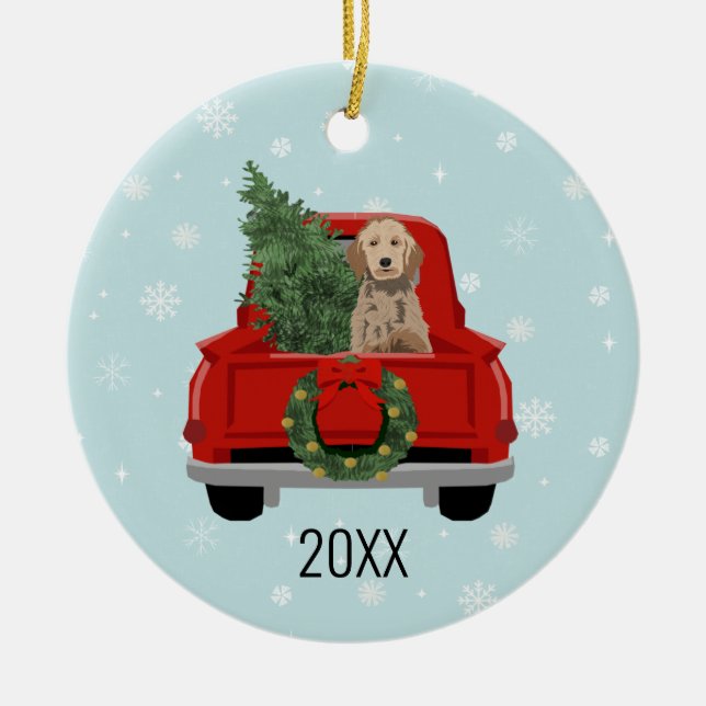 Golden Doodle Hund Red Christmas Truck Keramik Ornament (Vorne)