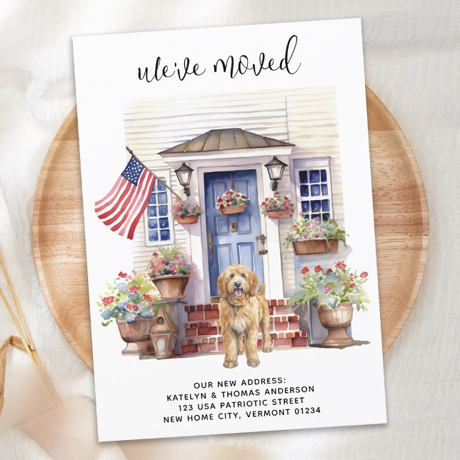 Golden Doodle Patriotic Personalisiert Dog Moving Ankündigung (Von Creator hochgeladen)