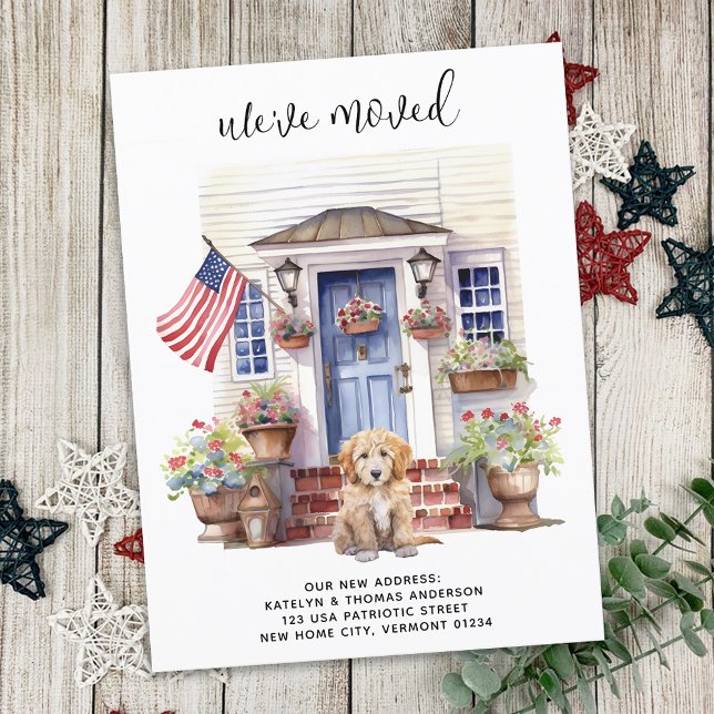 Golden Doodle Puppy Patriotic Custom Dog Moving Ankündigungspostkarte (Von Creator hochgeladen)