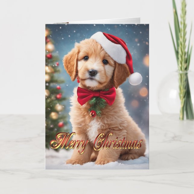 Golden Doodle Weihnachtswelpen Feiertagskarte (Vorderseite)