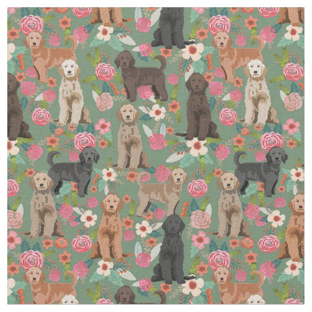 Golden Doodles Vintages Blumengrün Stoff (Nahaufnahme)