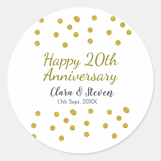 Golden dots glitter happy 20th anniversary wedding runder aufkleber (Vorderseite)