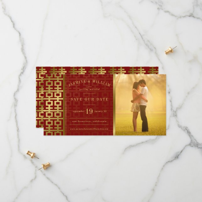 Golden Double Happiness Chinese Wedding Foto Save The Date (Vorderseite/Rückseite Beispiel)
