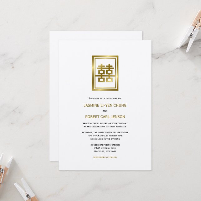 Golden Double Happiness Klassische chinesische Hoc Einladung (Vorderseite/Rückseite Beispiel)