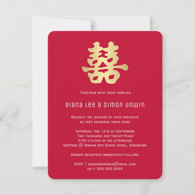Golden Double Happy Oriental | Hochzeit Einladung (Vorderseite)